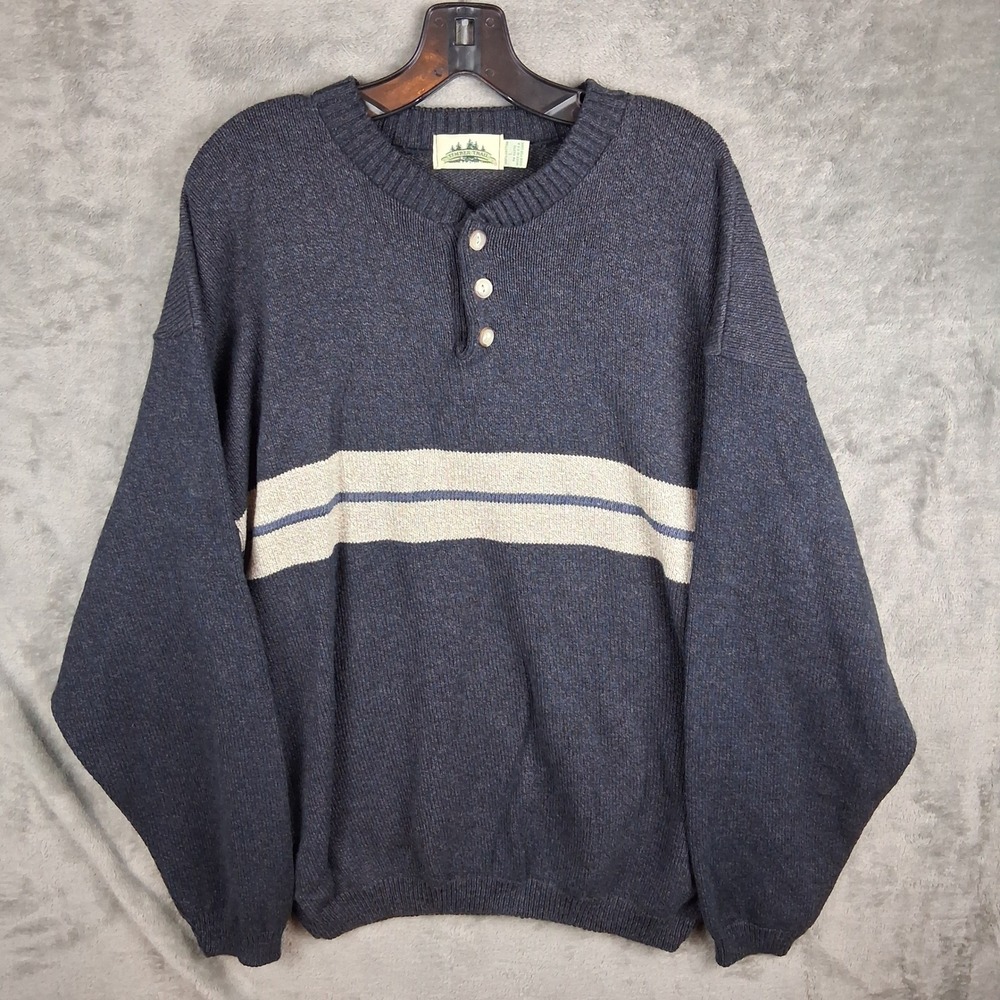 Vintage 90s Timber Trail Sweater Mens Large Navy Cotton Henley Made in USA